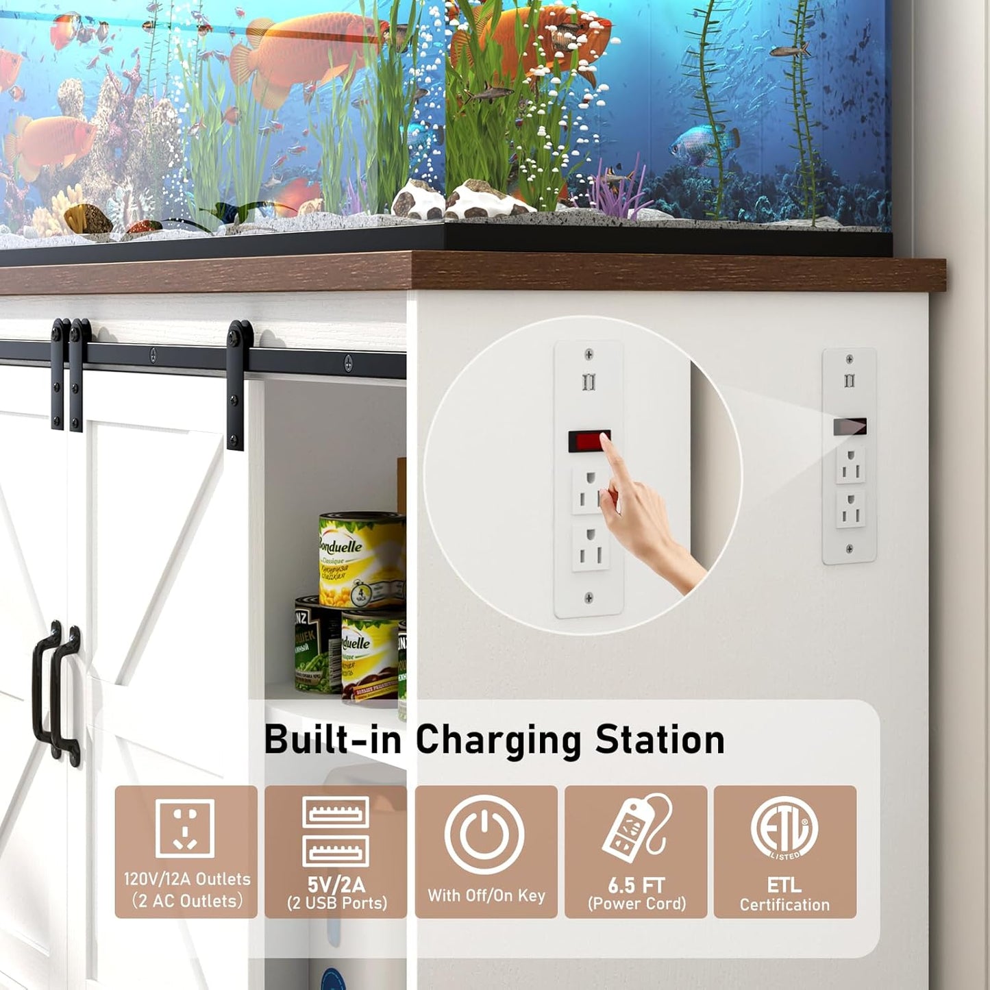 Farmhouse 55-75 Gallon Fish Tank Stand with Power Outlet, Aquarium Stand with Cabinet&Sliding Barn Door, Heavy Duty Reptile Tank Stand for 2 Fish Tank/Turtle Tank/Reptile Terrarium, White