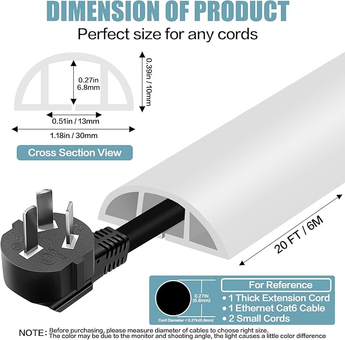 Floor Cord Cover Self Adhesive Cord Hider,20FT Cable Management, Extension Strip Protector for Wires, Prevent Cable Trips for Offices, Gyms, Exhibitions Cavity:0.39"(W) x 0.27"(H) White