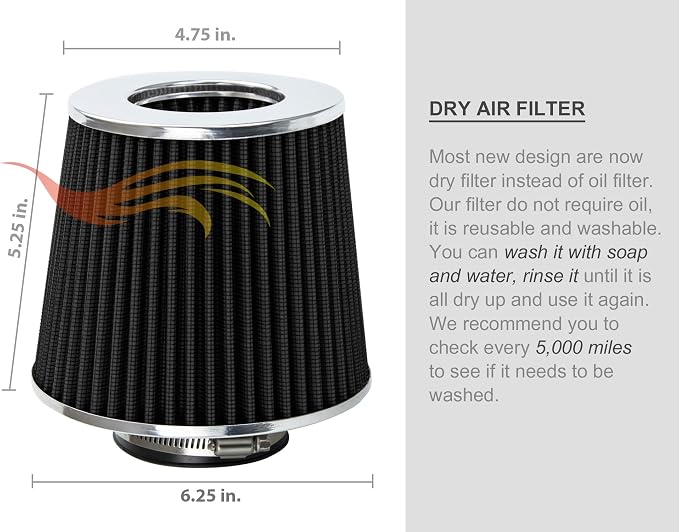 BLACK 2.5" 63.5 mm Inlet Cold Air Cone Replacement Performance Washable