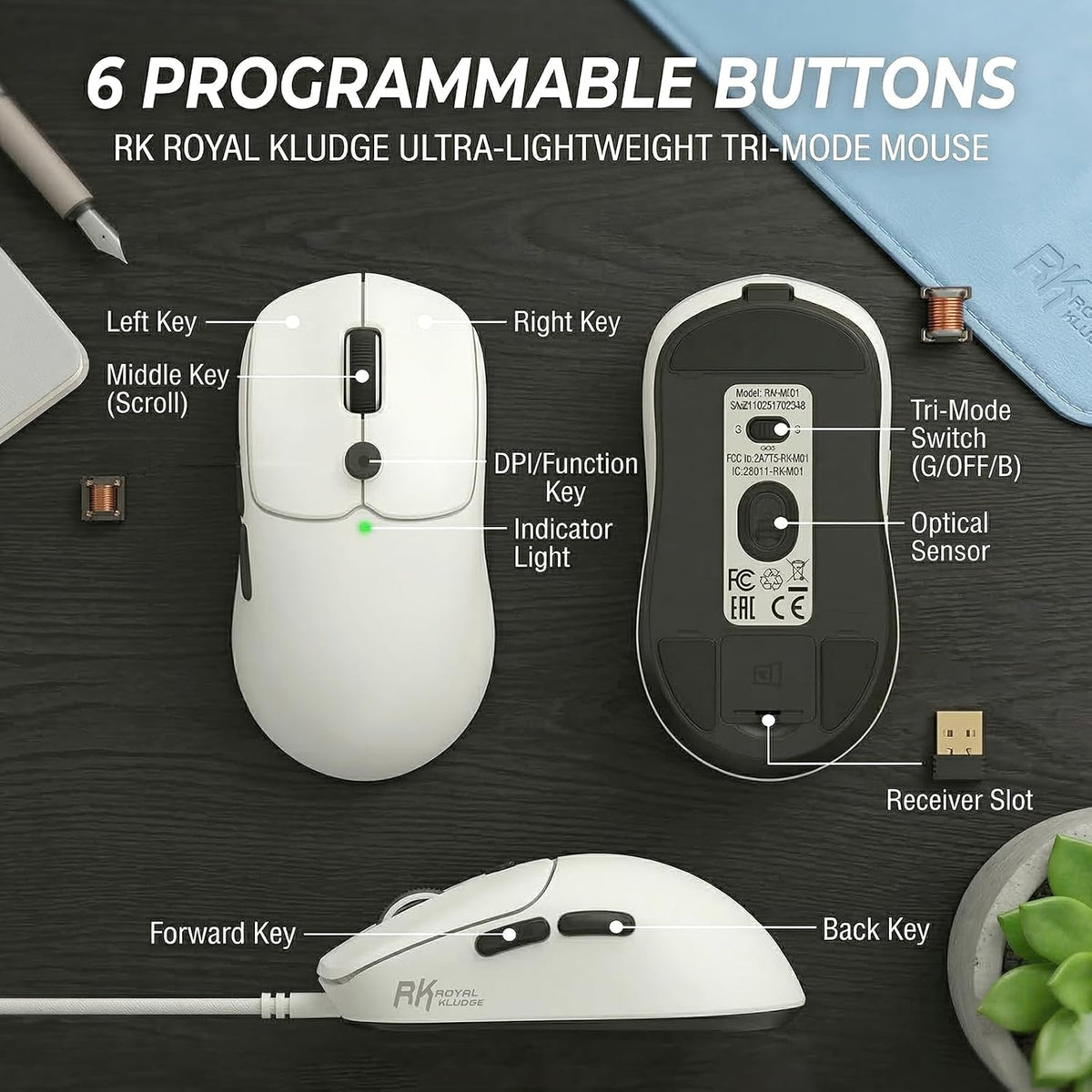 RK ROYAL KLUDGE MO1 Wireless Mouse, 55g Ultra-Lightweight Computer Mice, 6 Programmable Buttons, 2.4GHz/Bluetooth/Wired, 6000 DPI Optical Sensor, White
