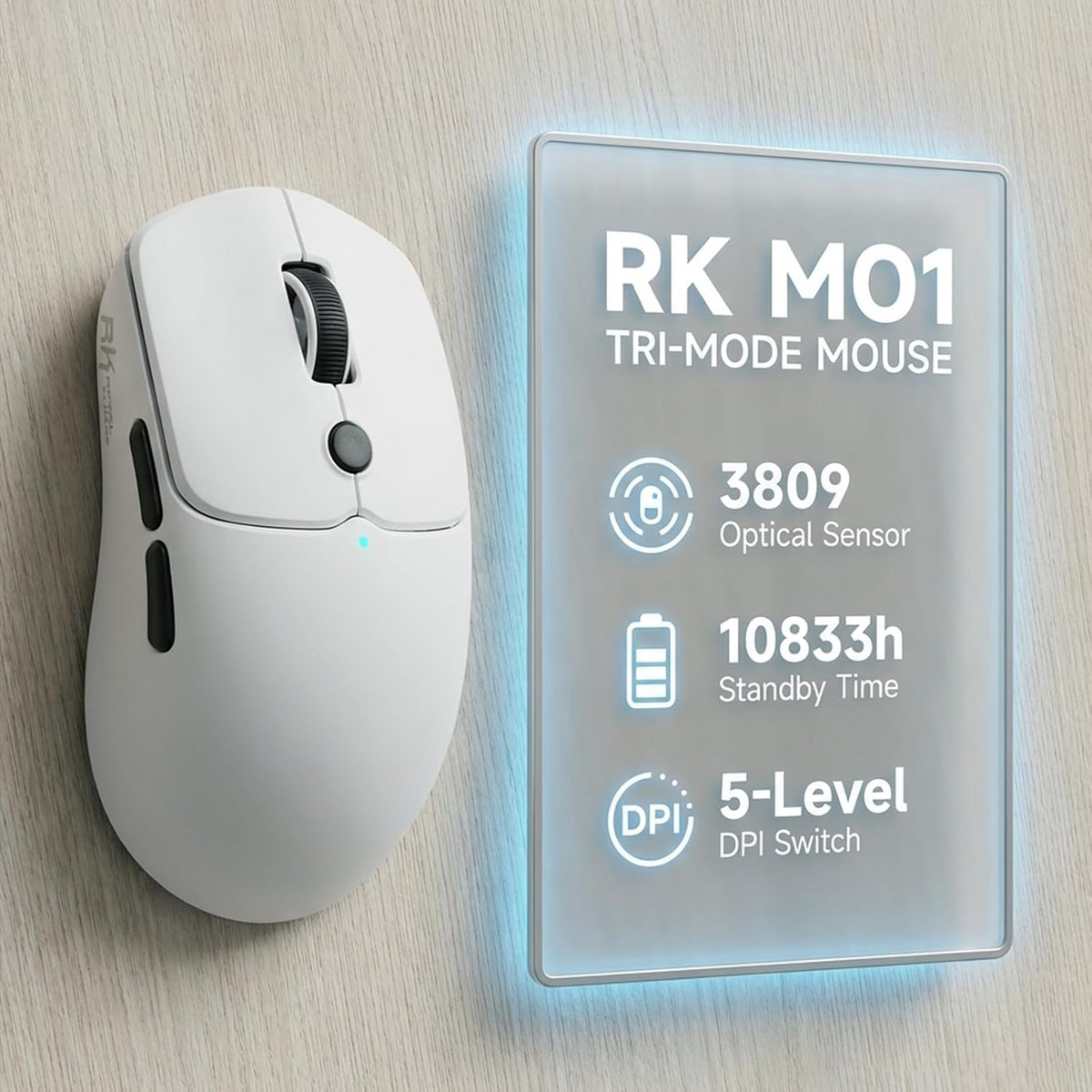 RK ROYAL KLUDGE MO1 Wireless Mouse, 55g Ultra-Lightweight Computer Mice, 6 Programmable Buttons, 2.4GHz/Bluetooth/Wired, 6000 DPI Optical Sensor, White