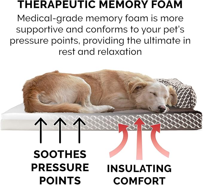Furhaven Memory Foam Dog Bed for Large Dogs w/ Removable Bolsters & Washable Cover, For Dogs Up to 125 lbs - Plush & Woven Decor Comfy Couch Sofa - Diamond Brown, Jumbo Plus/XXL