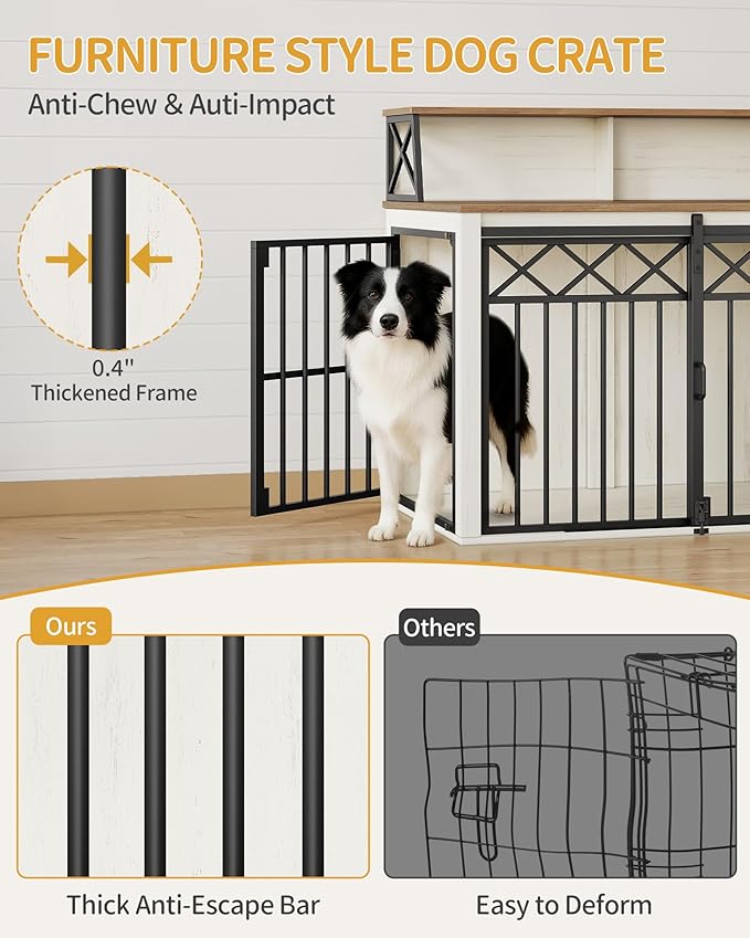 39.4'' Dog Crate Furniture, Large Wooden Dog Crate with Storage and 3 Doors, Indoor Kennel for Medium/Large Dogs, End Table with Barn Door, Chew-Proof and Escape-Proof, White Brown DFC87414B