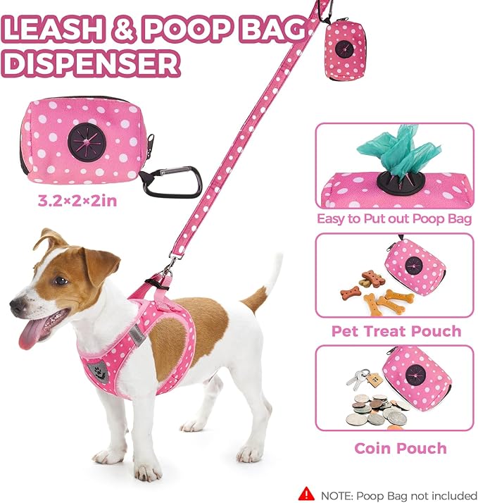 PAWCHIE Dog Harness and Leash Set, Step in No Pull Soft Pet Harness, Reflective Adjustable Puppy Vest for Small Medium Dogs Cats, No Choke Harness Vest with Poop Bag Holder for Walking,Running, Pink S