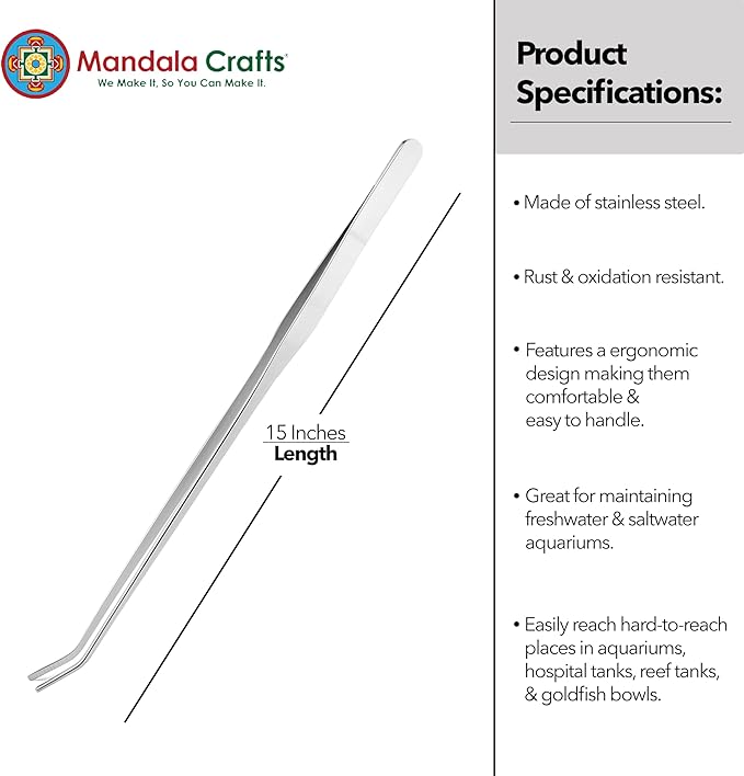 Mandala Crafts 15 Inches Silver Stainless Steel Curved Aquarium Tweezers for Aquatic Plants – Long Aquascape Forceps for Fish Tanks, Hospital Tanks, Goldfish Bowls, and Terrariums