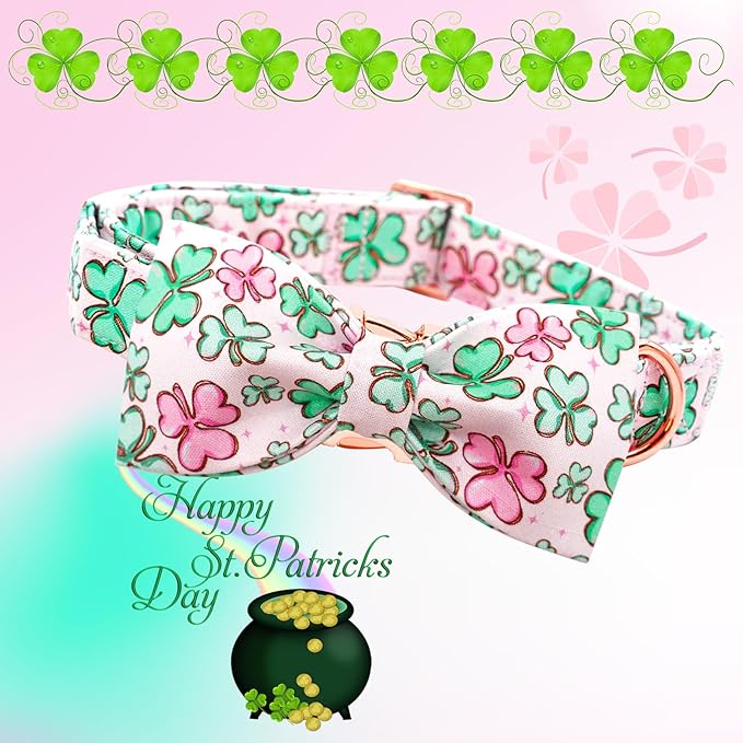 Lionheart glory Dog Bow Collar St. Patrick's Day Dog Collar for Medium Dogs, Adjustable Green Collars Lucky Clover Shamrock Dog Collar with Bowtie Pet Collar Bows