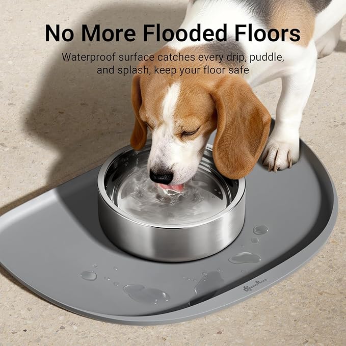 DownyPaws Dog Food Mats for Floors Waterproof, BPA Free Silicone Dog Bowl Mat, Non-Slip Pet Feeding Mat with High Raised Edge, Cat Placemat for Messy Drinkers, 24"×17", Gray