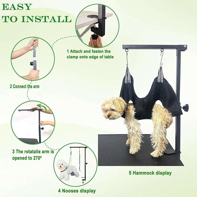 Adjustable Dog Grooming Arm with Pet Grooming Hammock,2 No Sit Haunch Holder&Loop Noose, Foldable Dog Grooming Table Arm for Small Dogs&Puppies,Arm for Grooming Tables,Pet Grooming Stand