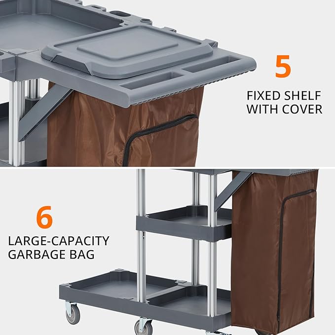 Commercial Janitorial Cart, 3-Shelf Housekeeping Cleaning Cart with Wheels, Cover, Shelves, and Oxford Bag, Traditional Janitorial Cart for School Hotel Apartment
