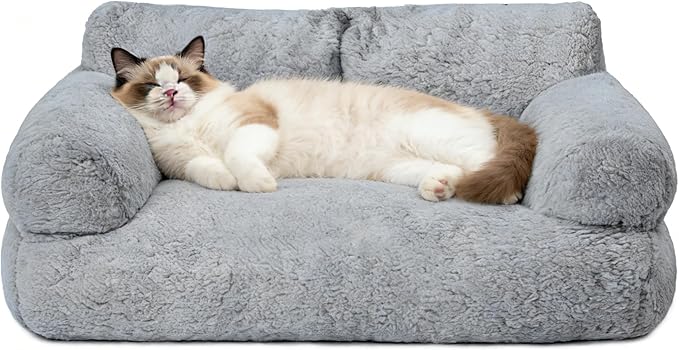 Plush Cat Couch Bed - Cat Bed for Indoor Cats, Dog Sofa Bed, Cotton Fleece Calming Pet Couch with Removable Cover, Breathable Pet Sofa for Small/Medium Pets (26×18×12in, Grey)
