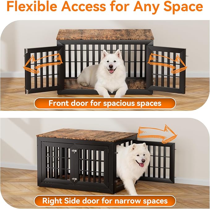42" Heavy Duty Dog Crate Furniture for Small,Medium and Large Dogs,Rustic Wooden Dog Cage Kennel Indoor Furniture with Waterproof Top,Decorative Pet House Side End Table (Black & Wood)