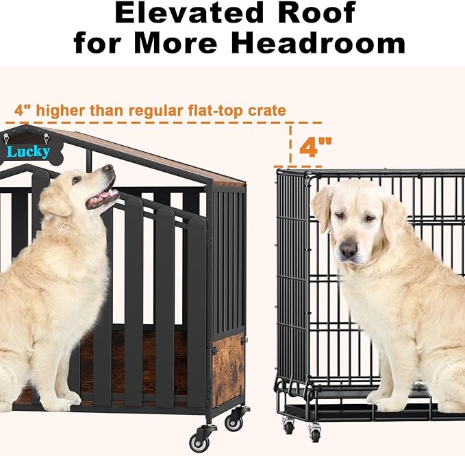 EasyCom 41“ XL Heavy Duty Dog Crate Furniture, Dogs Kennel Indoor with 360° Wheels, Dog Crates for Medium Dogs(35-60lb), Wooden Dog Cage with Feeding Window and Name Tag, Dog House, Rustic Brown