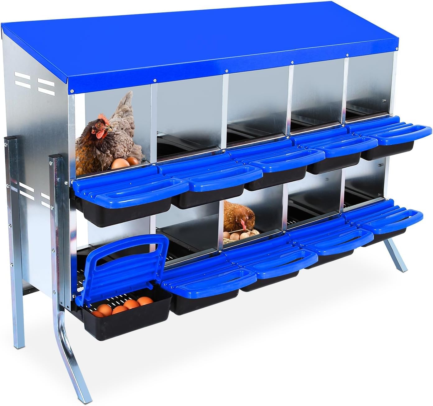Chicken Nesting Box, 10 Hole 2 Layer Hen Nest Boxes with Legs, Roll Away Eggs Laying Boxes,Cleanable Pull Out Hen Roosting Boxes