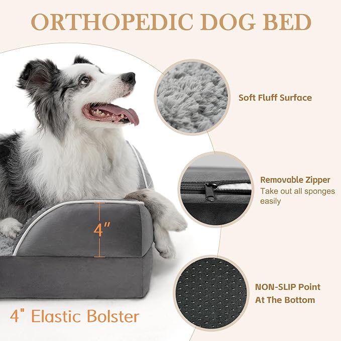 Comfort Expression Orthopedic Dog Bed for Medium Dogs 30x20 Inch, Waterproof Supportive Egg Crate Foam Medium Pet Bed with Removable Bolsters, Dog Couch with Washable Cover & Non-Slip Bottom, Grey