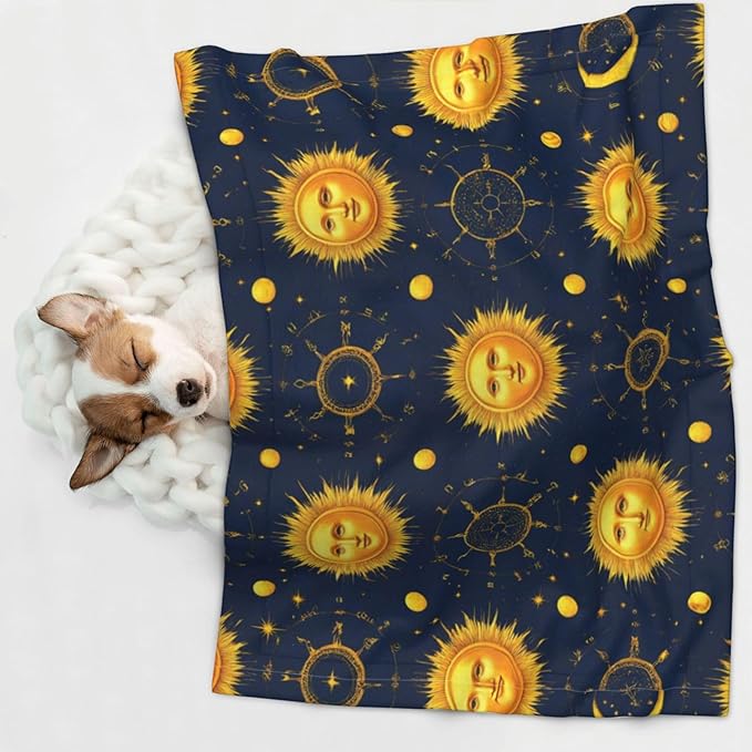 Double Sided Plush Pet Blanket with Cozy Dot Texture and Smooth Reverse, Meet 998 Boho Chic Art Golden Sun Moon And Stars Over Blue Black Sky, Reversible Throw for Dogs Cats on Couches Beds Crates