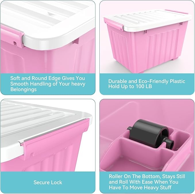 Nazhura Plastic Storage Bin, Stackable and Nestable Storage Boxes with White Lids and Secure Latching Buckles, Large Storage Container (Pink/White, 72Quart-4Pack)