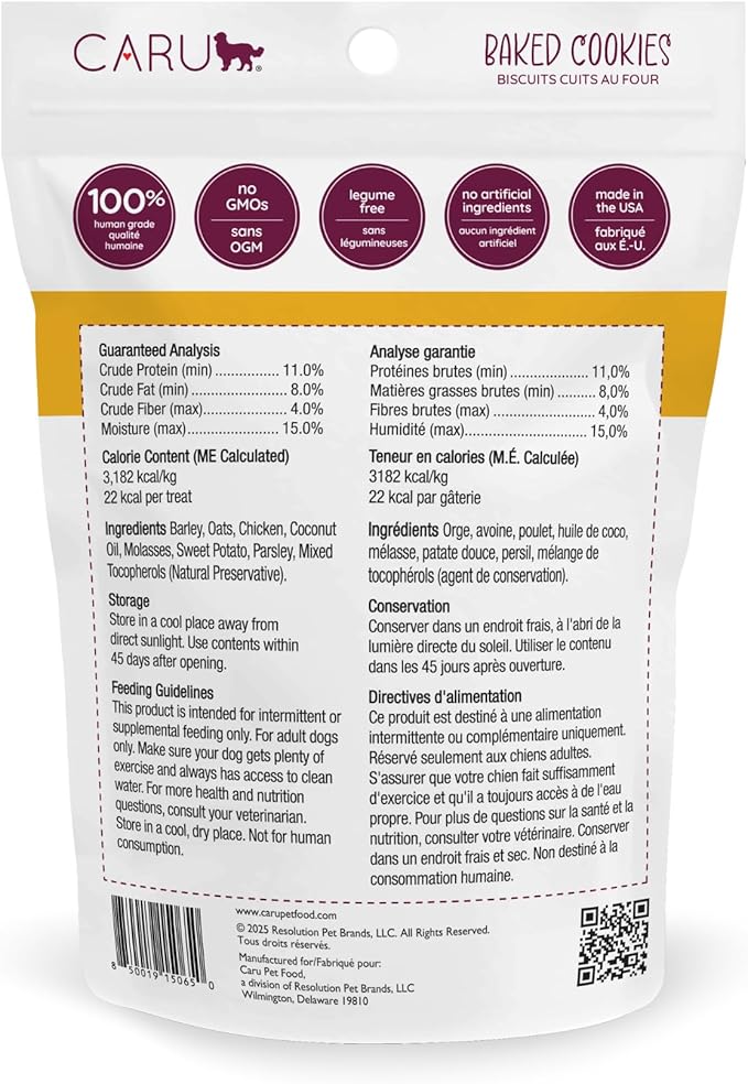 Caru - Chicken, Sweet Potato & Parsley Baked Cookies - Natural Treats for Dogs - Human Grade Ingredients - Flavorful - Wheat, Corn, Soy & Legume Free - Non-GMO - Made in USA - 4 oz - 1 Pack