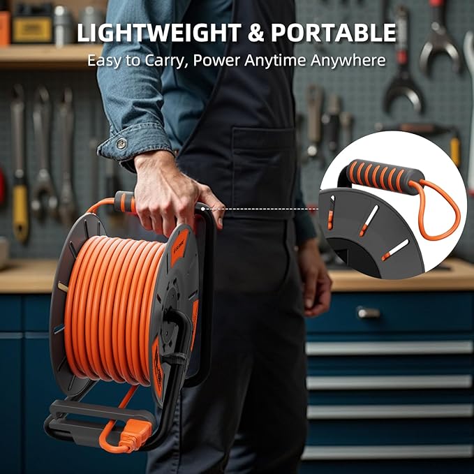 Retractable Extension Cord Reel 80 FT, 14AWG SJTOW Heavy Duty Power Cord with 4 Grounded Outlets, USB-A & USB-C Ports, 13A Circuit Breaker, Hand Crank for Indoor Outdoor Use, ETL Listed, Orange