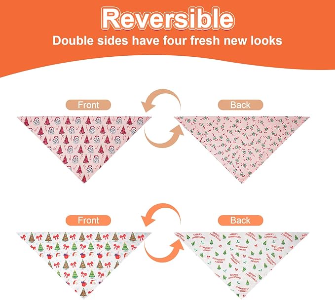 Cute Christmas Dog Bandanas XLarge 2PCS, 4 Pattern Holiday Scarf for Boy and Girl, Triangle Reversible Bibs Breed for Puppy Pets