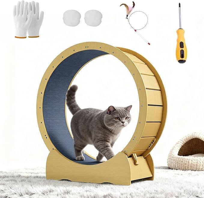 KEIKI 42" Cat Exercise Wheel for Indoor Cats, Large Quiet Treadmill Wheel with Detachable Carpeted Runway, Solid Wood Sturdy Running Wheel for Training & Play, Indoor Cat Wheel, Acacia Wood