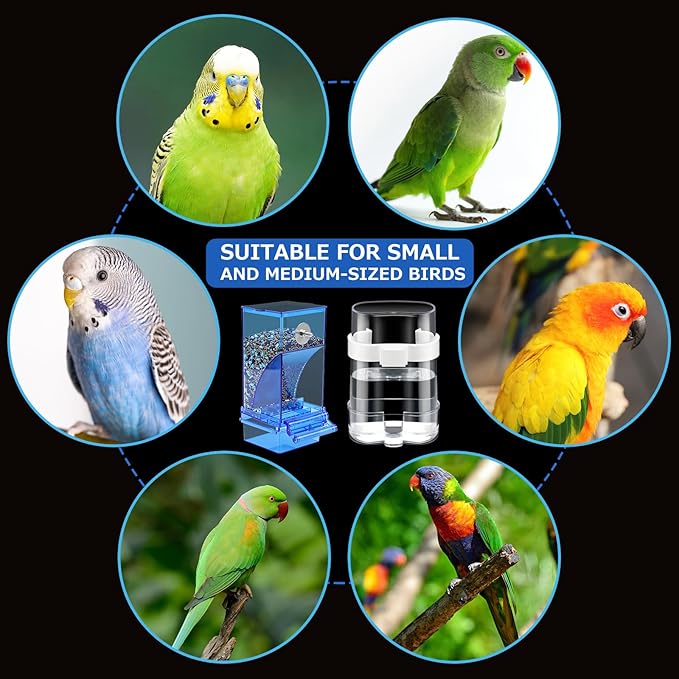 Yaomiao 8 Pcs No Mess Small Bird Feeders with 4 Pcs Cage Perch Automatic Drinker Parakeet Seed Dispenser Quail Feeder and Watered Cage Accessories for Small Birds Parrot Cockatoo Canary(Blue)