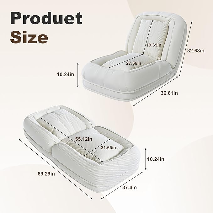 Oversized Human Dog Bed for Adult, Foldable Giant Human Pet Bed with 2 Soft Pillows, Large Sized Dog Sofa with 5 Adjustable Position for Humans, Metal Frame & Corduroy (White)