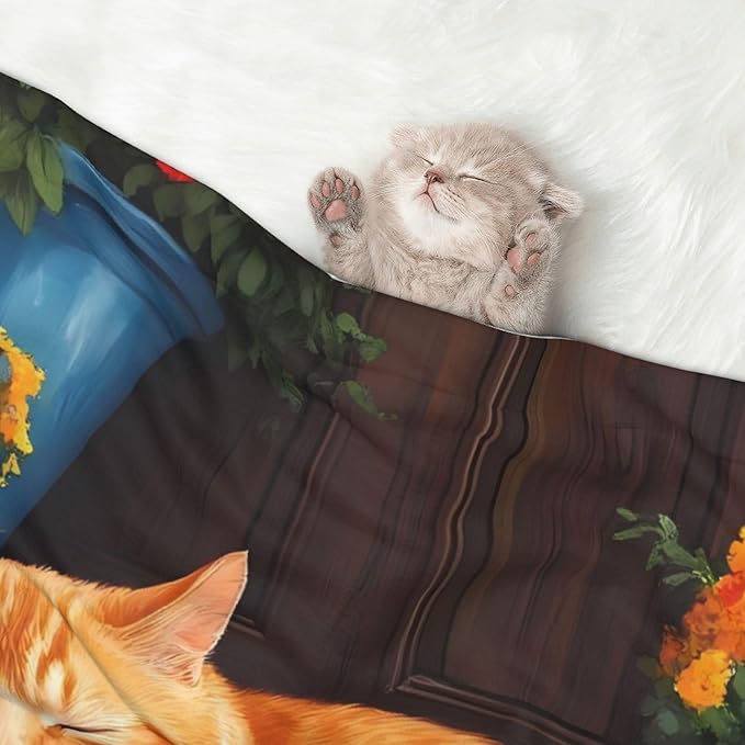 Waterproof Dog Blanket Soft Pet Blanket for Puppy, Fleece Cat Throw Blankets for Furniture Bed Couch Sofa Reversible - Sleeping Cat Flowers