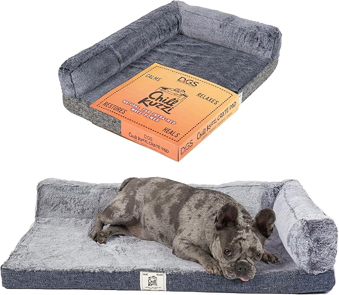 Dog Gone Smart Chill Kuzzi Dual Bolster Crate Pad - Washable Dog Bed Infused with Far Infrared Rays (FIR) - Supportive Plush Cushion for Crates, Travel, and Recovery - Slate Grey, Large 22 x 35 Inches