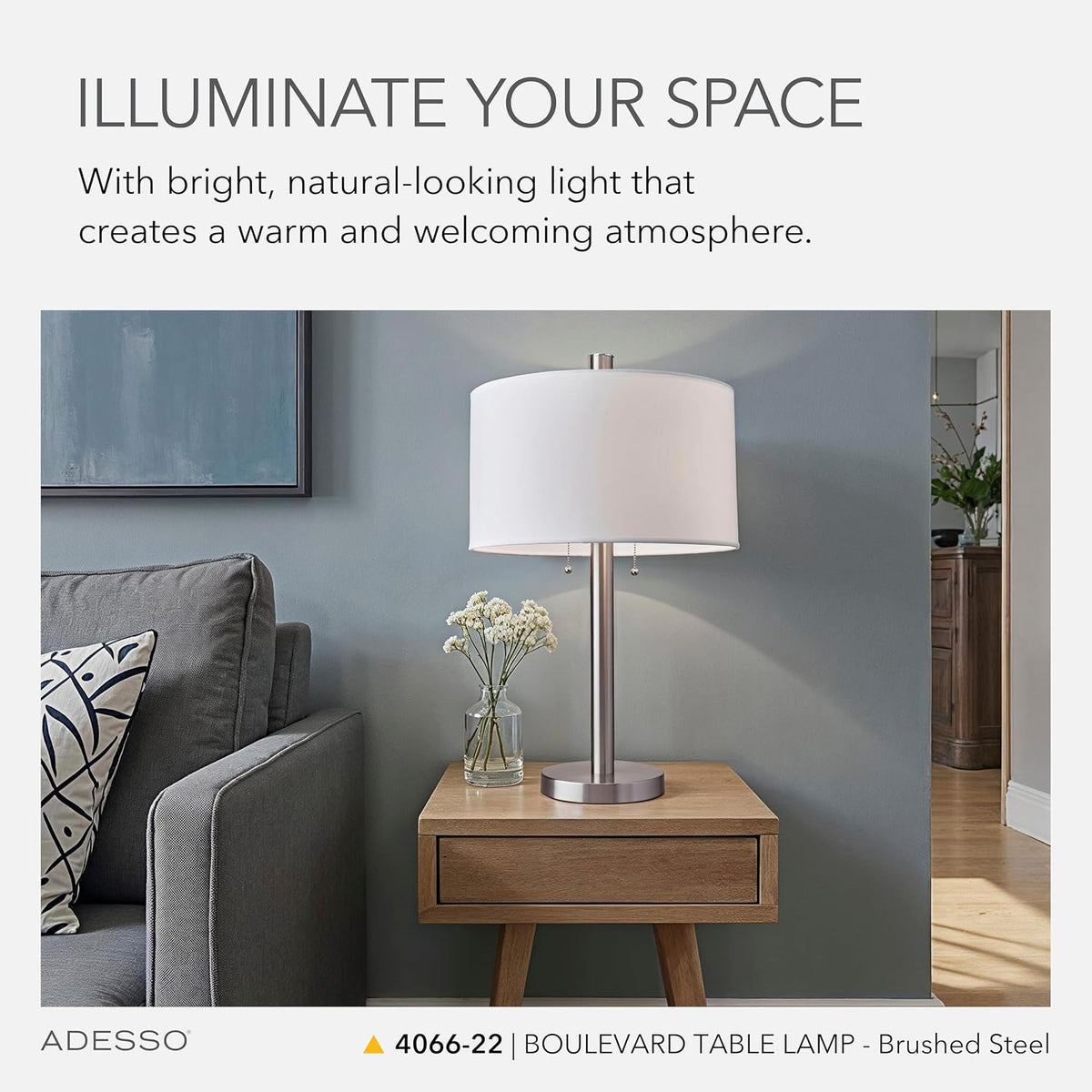 Adesso 2-Light Table Lamp, Brushed Steel & White, Dual Pull Chains, 28”