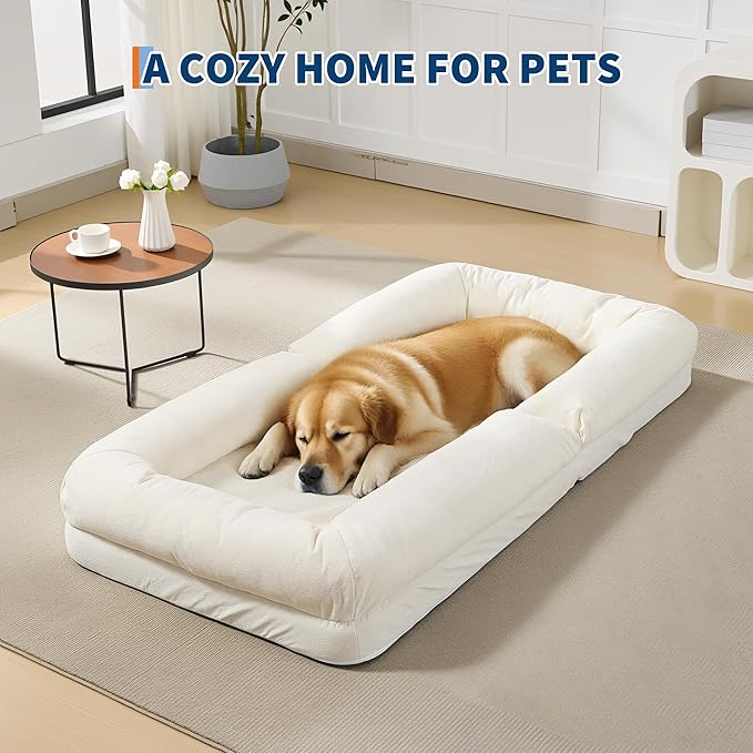 GarveeHome Human Dog Bed for Adult, Comfy Lazy Sofa Bed with 2 Pillows & 5 Adjustable Position, Chenille Upholstered Lounge Chair for Living Room Bedroom Beige