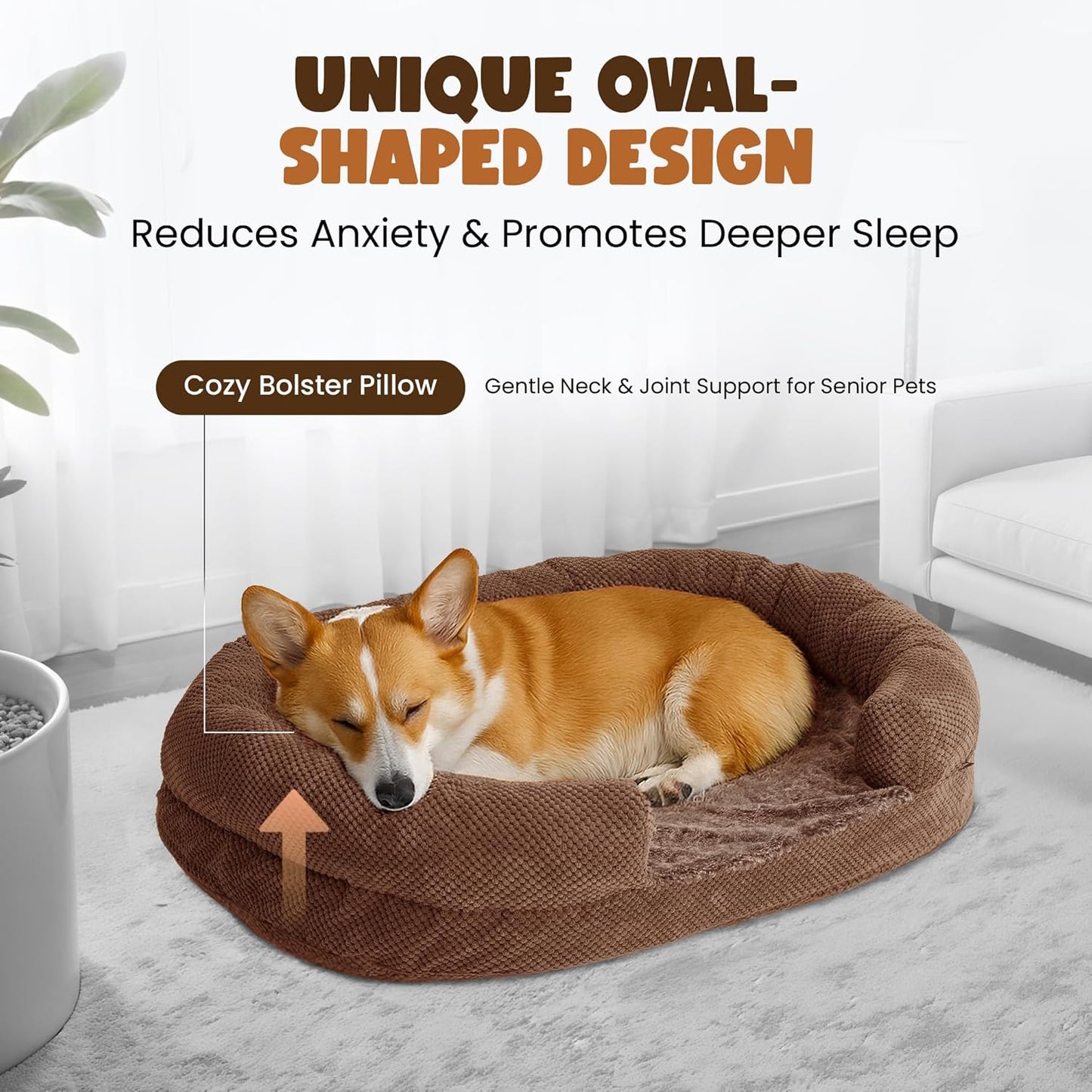Anti-Anxiety Dog Bed for Medium Dogs, Cozy Round Egg Crate Foam Sofa with Washable Removable Cover & Bolstered Sides, Comfortable Pet Chair or Crate Bed,Camel (35")