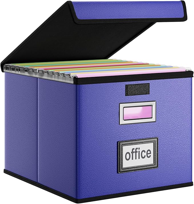 Huolewa File Organizer Box with Lid, Collapsible Leather File Folder Organizer for Office Document Storage, Filing Box with Plastic Slide for Letter/Legal Size Hanging Files,Navy Blue