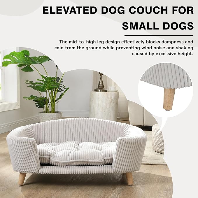 Dog Sofa Couch Bed for Small Dogs, Durable Corduroy Rectangle Pet Sofa with Soft Cushion, Modern Elegant Elevated Mini Dog Couch Bed with Backrest and Armrests, Beige