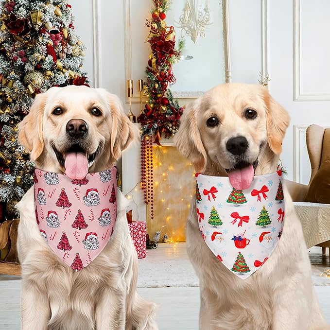 Cute Christmas Dog Bandanas Large 2PCS, 4 Pattern Holiday Scarf for Boy and Girl, Triangle Reversible Bibs Breed for Puppy Pets
