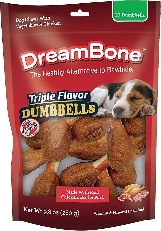 Dreambone Triple Flavor Dumbbells with Chicken 10 Count, Rawhide-Free Chews for Dogs (Pack of 24)