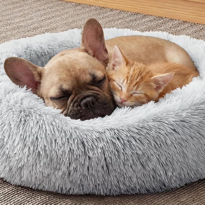 Calming Dog Bed, 24" x 24" x 6" Fits Cat & Dog, Anti-Slip Round Washable Faux Fur for Doze Off, Napping Orthopedic, Grey