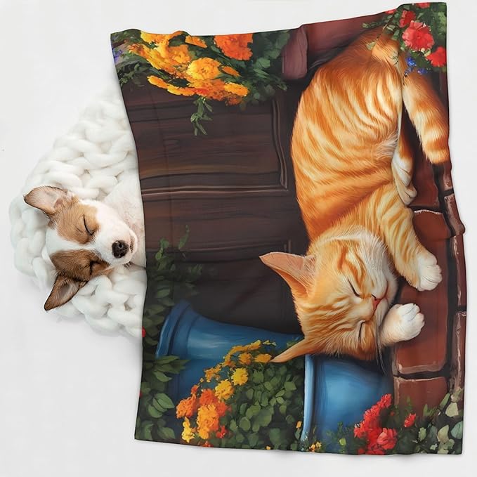 Waterproof Dog Blanket Soft Pet Blanket for Puppy, Fleece Cat Throw Blankets for Furniture Bed Couch Sofa Reversible - Sleeping Cat Flowers