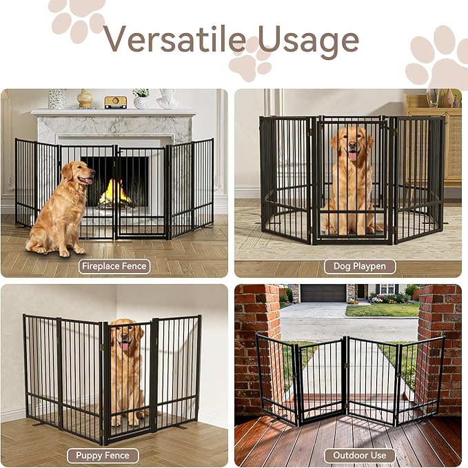 Full Metal Freestanding Dog Gate with Door, 32''Height Foldable Pet Dog Fence for Indoor & Outdoor, 8 Panels Extra Wide Free Standing TallDog Gates for Doorways,House,Stairs,Porch,Deck,Yard