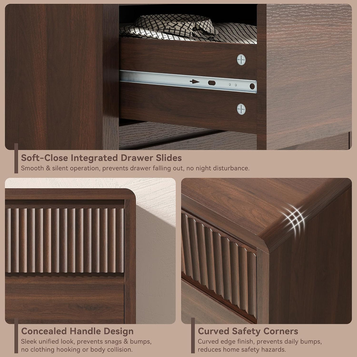Fluted 6 Drawer Dresser for Bedroom, 50” Wide Dresser & Chest of Drawers with Curved Profile Design, Wood Mid Century Dressers for Bedroom, Living Room, Walnut