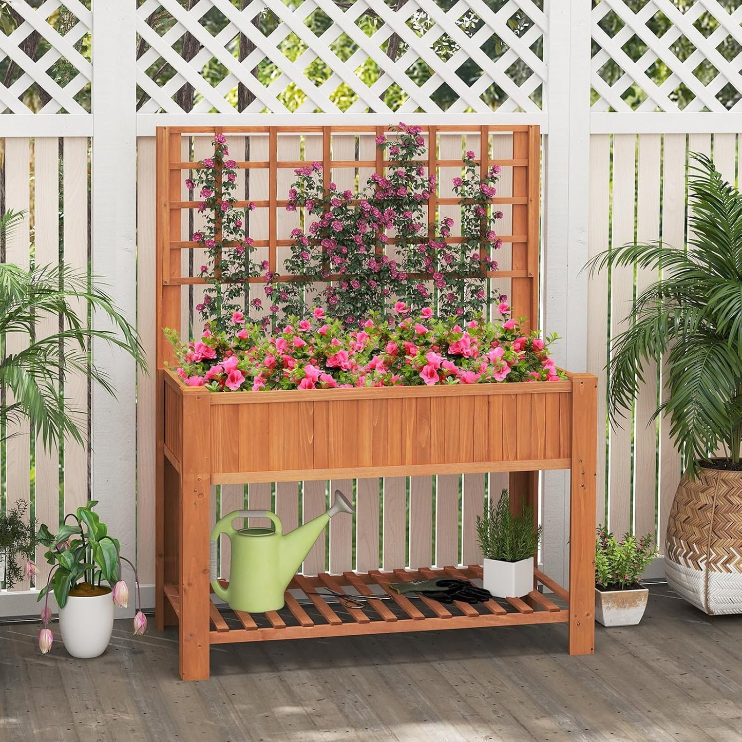 Giantex Raised Garden Bed with Trellis, Wooden Elevated Planter Box with Legs, Drainage Holes for Climbing Plants Vines Vegetables Flowers Herbs, Outdoor Horticulture Planter for Patio Yard (Brown)