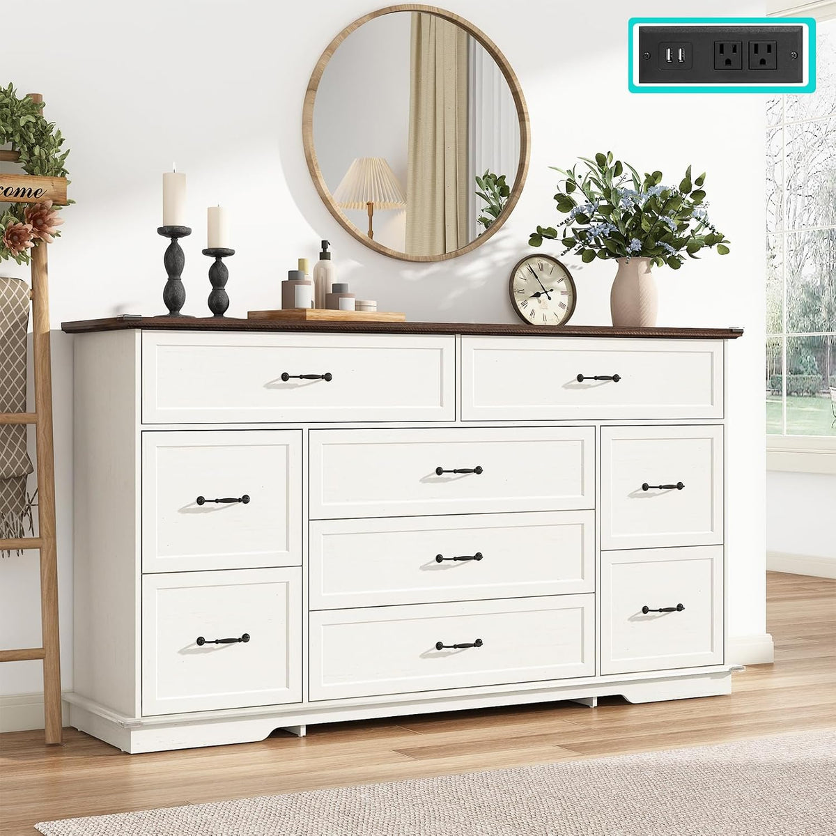 jiteentarou Farmhouse 9 Drawer Dresser for Bedroom,63” Wood Dresser & Chest of Drawers with Power Outlets,Large & Wide Dressers for Bedroom,Tall Storage Dresser Organizer(White)