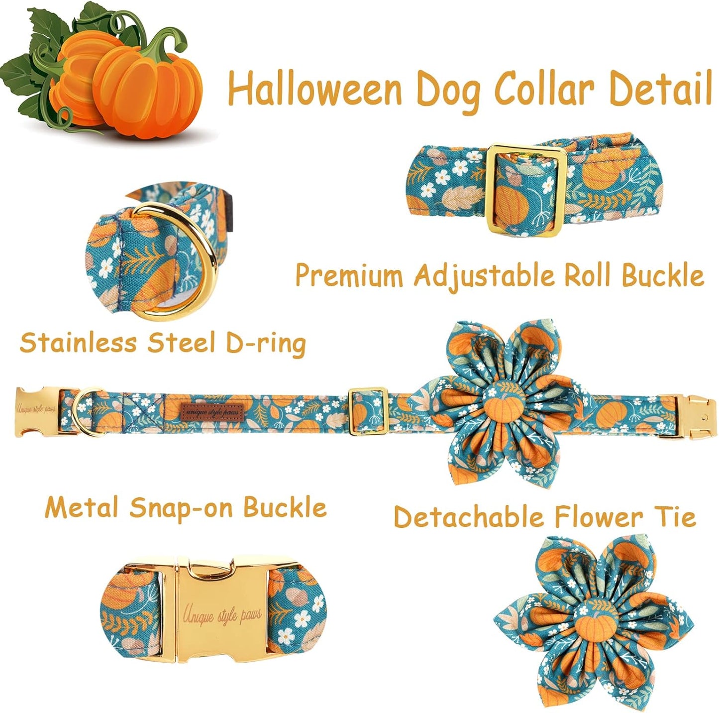 Unique style paws Halloween Dog Collar with Flower Tie Pumpkin Cotton Collar Adjustable Puppy Collar for Small Medium Large Dogs-M