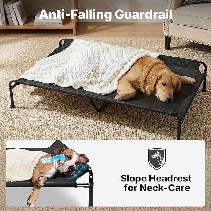 Veehoo Outdoor Dog Bed, 53" XXL Raised Dog Bed, Elevated Dog Bed with Headrest Sides, Washable Cooling Dog Cot with Non-Skid Feet, Breathable Mesh, Portable Pet Hammock for Indoor or Camping, Black