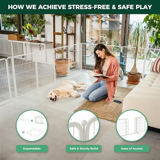 FXW Homeplus Unleashed Indoor Dog Playpen - Stress-Free and Safe Play, Heavy Duty 40 Inch 6 Panels Dog Pen for Medium and Large Dogs, White│Patented