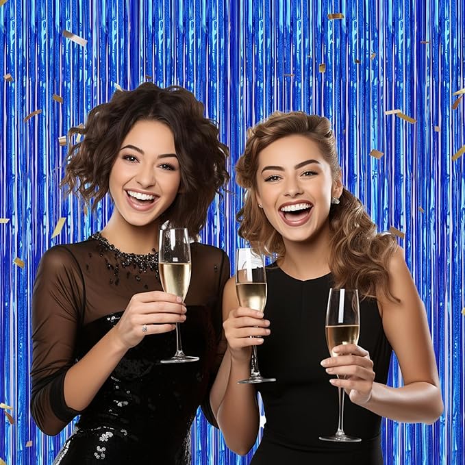 3 Pack Foil Fringe Backdrop - Laser Royal Blue Shiny Tinsel Curtains for Party Decoration/Photo Booth Props - 3.3x8.2 FT Metallic Foil Backdrop for Birthday, Wedding, Graduation, Christmas