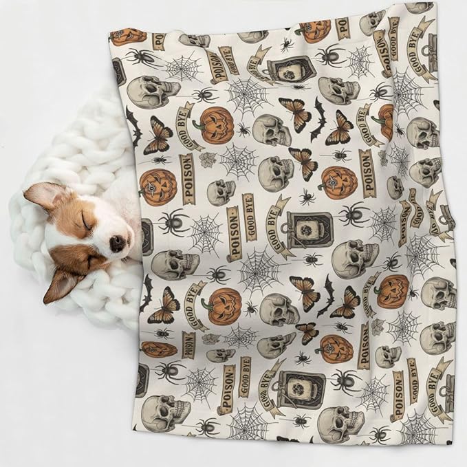 Reversible Pet Blanket for Sofa Protection Pet Comfort, Vintage Skull Skeleton Spider Web Witch Board Gothic, Double Sided Design with Cozy Nubby Nap Side and Durable Smooth Play Side