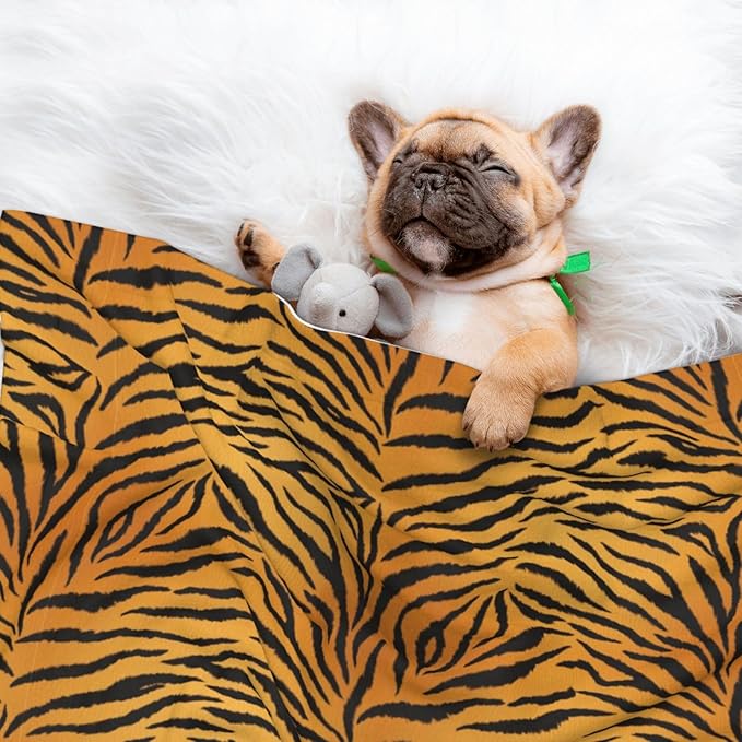 Reversible Dog Blanket for Beds Couches, Animal Print Tiger Black Gold, Double Sided Cat Blanket with Textured Dot Feel and Smooth Feel for Seasonal Comfort All Year