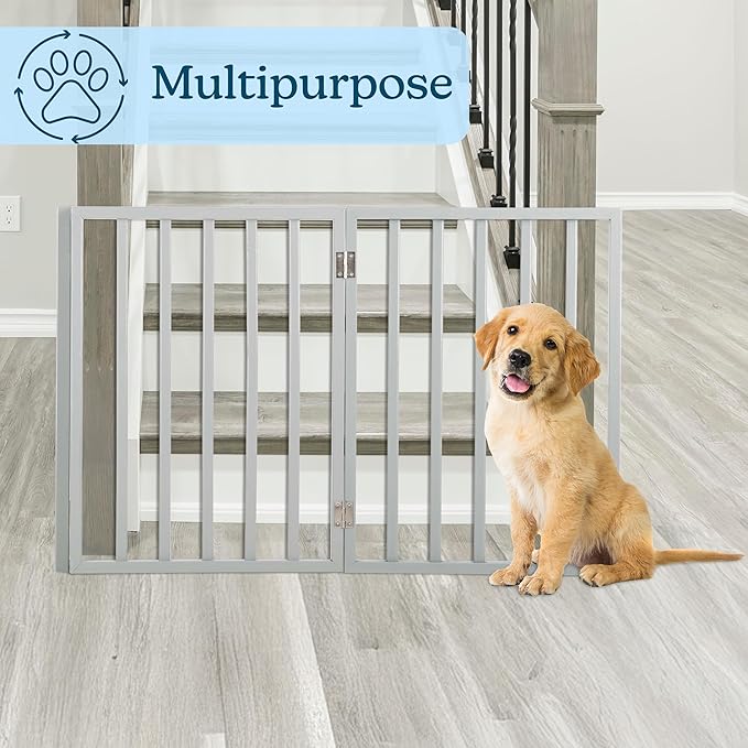 Pet Gate - 3-Panel Indoor Foldable Dog Fence for Stairs, Hallways, or Doorways - 54x24-Inch Retractable Wood Freestanding Dog Gates by PETMAKER (Gray)
