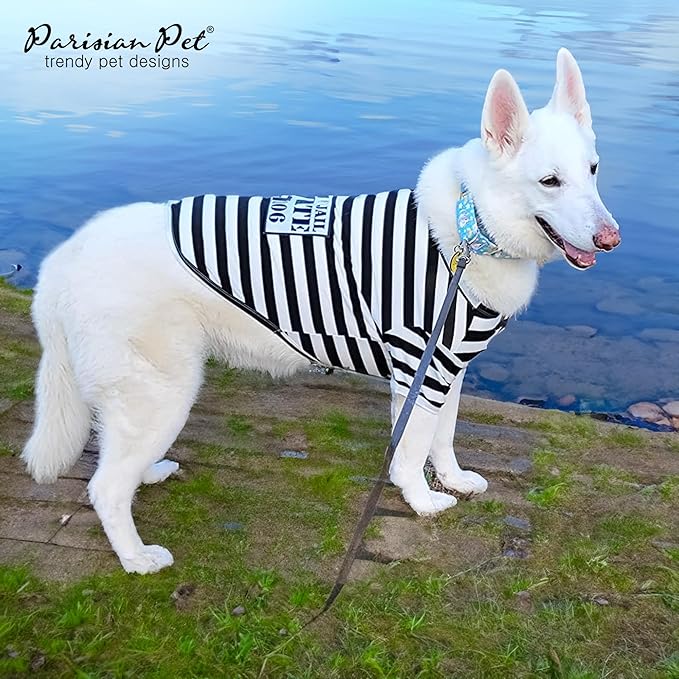 Parisian Pet - Medium Dog Shirt - Black & White Striped - Cotton & Polyester - Sleeved & Lightweight - Prisoner Dog Theme