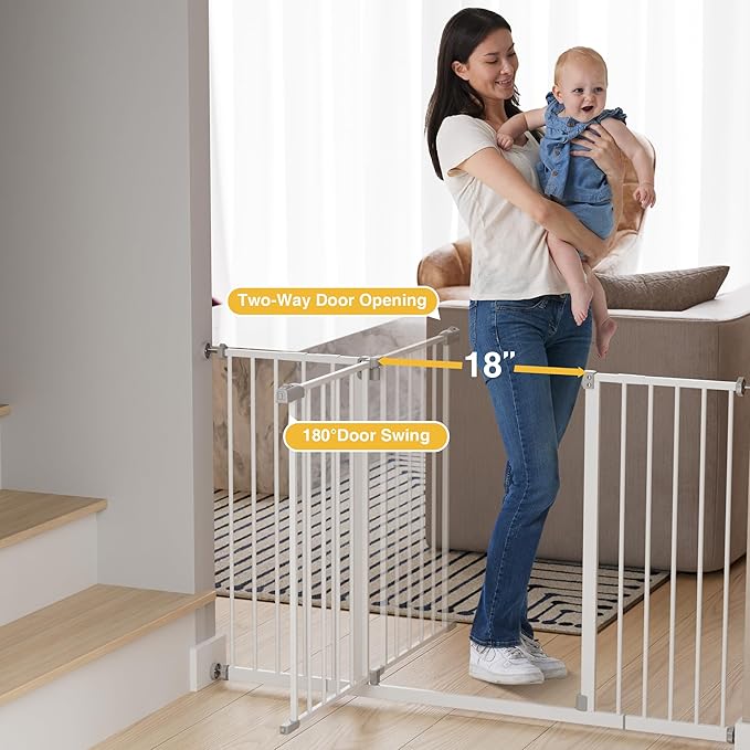 InnoTruth 29.5–49.75" Extra Wide Baby Gate for Stairs, 30" Tall Walk Through Dog Gate for Stairs & Doorways, Pressure-Mounted Safety Gate for Pets & Kids, Dual Lock & 2-Way Swing, White